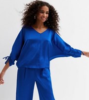 New Look Bright Blue Satin V Neck Ruched Tie Sleeve Top